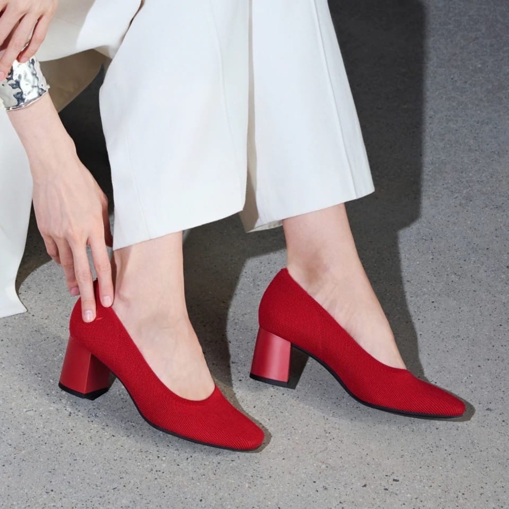 VIVAIA Elize Square Toe Wedge Heels Red Knit Comfort Heel Pumps Size 37.5 US‎ 7